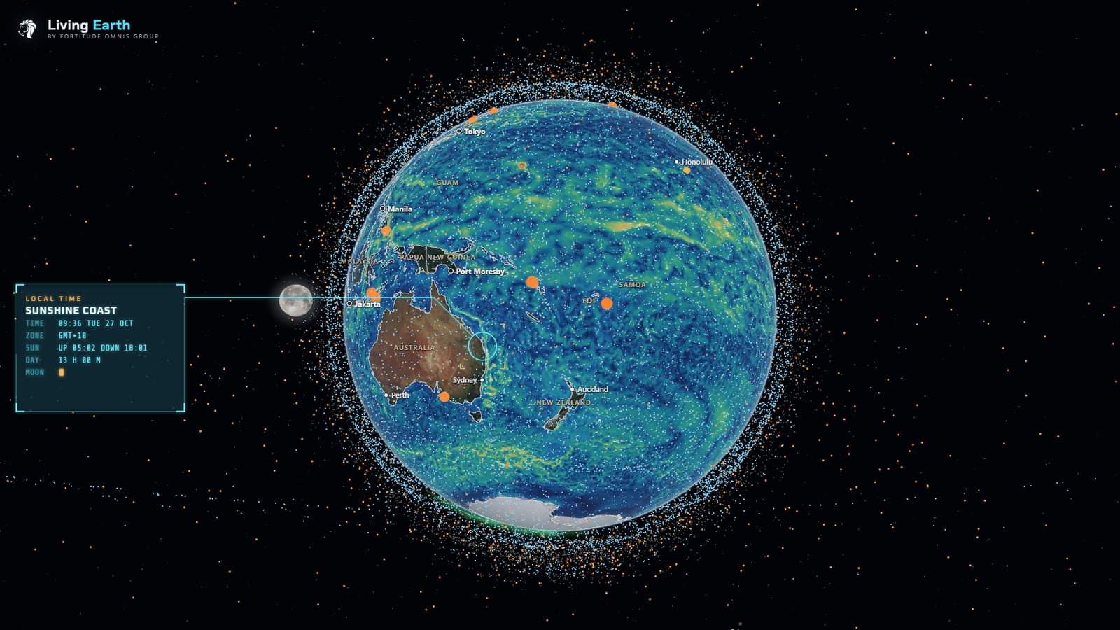 Demo mode with the ocean currents layer over the Pacific, the nearly full Moon beside the Earth, and a local-time callout for the Sunshine Coast, Australia: 09:36 Tuesday, sunrise 05:02, sunset 18:01