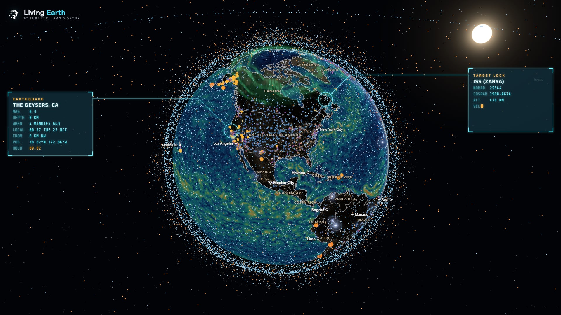Living Earth's demo mode locked on to the International Space Station at 428 km, over the Americas with the ocean currents layer on, the aurora over Canada, earthquakes down the US west coast, lightning over Mexico and South America, thousands of satellites round the planet and the Sun in its true place