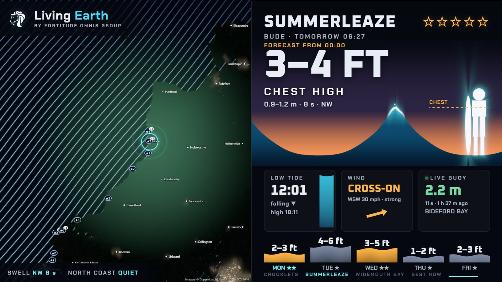 The surf shop screen for Summerleaze, Bude: 3 to 4 feet, chest high, with swell lines over north Cornwall on the left, and the tide, wind, the live Bideford Bay buoy and a five-day outlook on the right